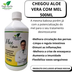 Descrição Suco Gel da Babosa Aloe Vera com MEL Tiago Rocha 500ml Tocador de vídeo 00:00 00:25 Suco Gel da Babosa Aloe Vera com MEL Tiago Rocha 500ml Suco feito do puro gel de Aloe Vera com mel puro Informações do Produto Babosa Pura Aloe Vera com Mel 500ml – Tiago Rocha Suplemento de vitamina c é um alimento de aloe vera que possui como benefício proteger a mucosa do intestino, estimular o sistema imunológico e prevenir doenças causadas pela falta de vitamina c. Benefícios e Diferenciais- protege o intestino;- estimula o sistema imunológico;- fonte de vitamina c- melhora circulação. Informações complementares A vitamina c é uma substância conhecida pelos seus benefícios para a saúde durante o inverno e contra gripes e resfriados, pois fortalece o sistema imunológico e alivia os sintomas dessas doenças. além de potencializar a saúde de um modo geral, em virtude de seu efeito antioxidante (combate aos radicais livres), a vitamina c ainda possui funções que podem auxiliar na perda de peso e no ganho de massa muscular. Os efeitos positivos da aloe vera gel (babosa) podem ser obtidos externamente como: hidratante, adstringente, emoliente, anti-inflamatório, analgésico e protetor da pele contra os raios UV do sol, imunoestimulante, retardador do envelhecimento da pele, excelente cicatrizante em cortes, ferimentos e queimaduras em geral, auxiliar nos tratamentos de , acne, alergias e picadas de inseto, erupções, edemas, eczemas, manchas, crostas, seborreias, caspa e queda de cabelos, psoríase, erisipela, úlcera varicose, escaras, câncer de pele, herpes simples e de zoster, além do uso cosmético. Ingredientes: água deionizada, aroma natural de aloe vera l orgânica, vitamina c, ácido cítrico (acidulante ins 330), vitamina e (antioxidante ins 307), benzoato de sódio (conservante ins 211). não contém glúten. Bebida elaborada com 50% do puro gel de Aloe Vera (babosa) com Mel. Rico em fibras, contém vitaminas, aminoácidos, minerais e enzimas importantes em nosso metabolismo diário. A babosa ( aloe Vera ) fornece 75 nutrientes, 20 minerais, 18 aminoácidos (7 dos 8 aminoácidos essenciais para o nosso corpo) e 12 vitaminas. Vitaminas: C e E e betacaroteno, precursor da vitamina A e vitamina B12, muito essencial ao organismo. Minerais: Magnésio, manganês, zinco, cobre, cromo, cálcio, sódio e potássio. Aminoácidos: Oferece 7 dos 8 aminoácidos essenciais quem não podem ser produzidos pelo corpo e têm de ser adquiridos por meio da alimentação. Benefícios do Suco Babosa Aloe Vera Gel com mel 1lt: Potente anticoagulante e regenerador das células humanas. Combate a acidez, gastrites e úlceras, pois seus nutrientes são eficazes. Estimula o funcionamento da vesícula biliar e do pâncreas(para diabéticos). Limpa e regula os intestinos. Por conter Acemannan em sua formulação se torna um potente alimento contra as alergias, inflamações e doenças degenerativas como lúpus, câncer e escleroses. Acemannan é parte constitutiva de todas as membranas celulares e sua presença é o que faz aumentar a resistência imunológica do organismo contra parasitas, vírus e bactérias causadores de enfermidades, pois é a base de todas as células do tecido conjuntivo, inclusive a pele, as mucosas, os tendões, articulações, as cartilagens e a parte de que se originam os ossos, por isso seu uso é muito saudável. Acemannan é particularmente essencial ao perfeito funcionamento do líquido sinovial – aquela substância do organismo presente nas articulações. Pode prevenir a ocorrência de afecções como a artrite, e, em casos agudos, pode curar. Promove a absorção de água e nutrição do trato digestivo. O Dr. John C. Pittman explica em seu relatório de pesquisa em “Health Consciousness” (vol.13, no. 1/1992), o seguinte: “Acemannan possui propriedades antivirais, antibacterianas e antimicóticas, que podem ajudar a controlar infestações por Cândida e estabilizar a flora bacteriana dos órgãos digestivos“. Acemannan estimula a movimentação dos órgãos digestivos e contribui para a eliminação, pelo intestino grosso, de proteínas estranhas, causadora de alergias. Acemannan tem efeito direto sobre as células do sistema imunológico. Ativa e estimula macrófagos, monócitos, anticorpos e também linfócitos T (células cujo papel é aumentar a resistência imunológica do organismo). Experimentos de laboratório mostram que Acemannan serve de ponte entre proteínas estranhas e macrófagos (células matadoras) e favorece uma enormidade a captação dessas proteínas estranhas pelos macrófagos. Esta função de ponte funciona como chave para o fortalecimento imunológico do núcleo celular, que em infecções por HIV estão em quantidade insuficiente. Células protegidas pela presença de Acemannan não mais podem ser destruídas pelos vírus agressivos da AIDS. Os leucócitos recebem da Acemannan a mesma proteção. Acemannan quebra a capa das proteínas de células cancerosas. Desta forma, células defensoras podem agredir e eliminar, efetivamente, as células tumorosas. Acemannan protege a medula contra os prejuízos causados por venenos químicos e drogas impregnadas. Por estar presente na membrana celular, o Acemannan pode proporcionar esta abrangente função imunológica e propicia, a um só tempo, tanto a desintoxicação como a atividade preventiva contra doenças, por isso Essa desintoxicação influencia em todo o corpo, e tem como consequência uma enorme energização. Além destes principais efeitos do Acemannan, encontramos ainda no Suco de Aloe Vera as seguintes substâncias, entre outras: mais de 13 mucopoli e monopolissacarídeos, 11 antraquinonas, 20 espécies de sais minerais, 12 vitaminas, 15 enzimas, 18 aminoácidos (7 essenciais e 11 secundários), 4 ácidos graxos essenciais, saponinas, ligninas e óleos etéricos, por isso seu uso é muito saudável. Não contém glúten. Sugestões de uso: consumo é de 50ml(1/4 xícara de chá) por dia, em dose única ou divididas em duas doses, pela manhã e à noite com água. Pode ser consumido puro, com água ou suco natural. Nunca ingerir com leite! Após abrir a embalagem, conservar sob refrigeração. Suco Gel da Babosa Aloe Vera com MEL Tiago Rocha 500ml